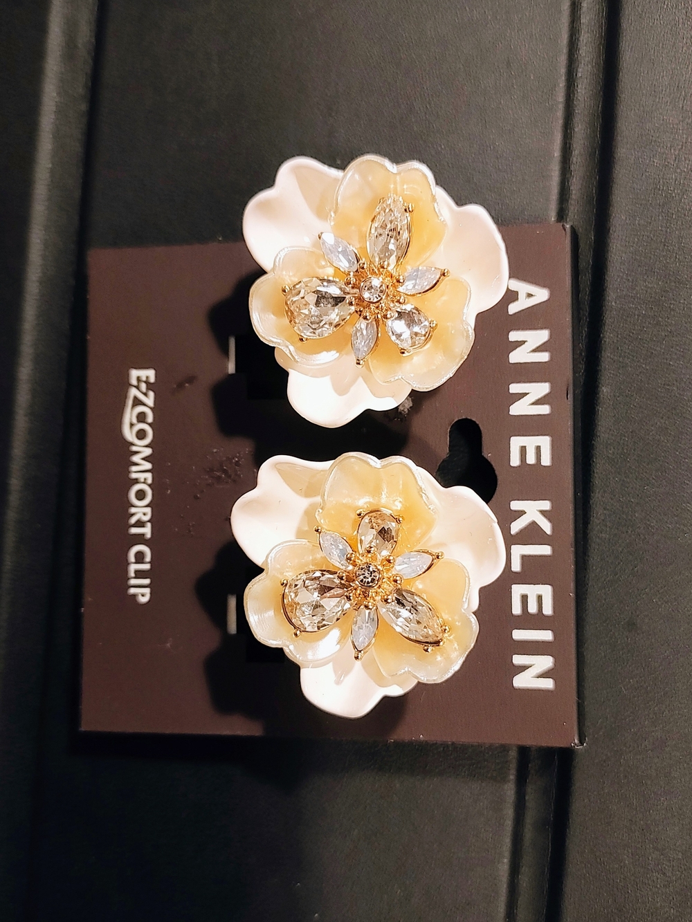 Anne Klein Yellow and White Floral Clip-On Earrings with Crystal Centers